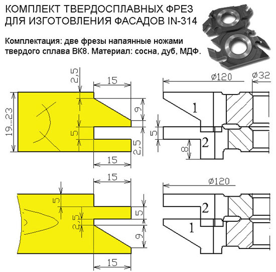 Комплект фрез для меблевого фасаду, обробка мдф